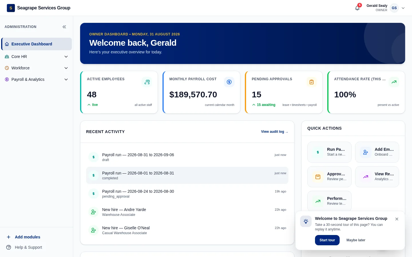BimHR owner dashboard showing 48 active employees, monthly payroll cost of $189,570.70 BBD, pending approvals and attendance rate