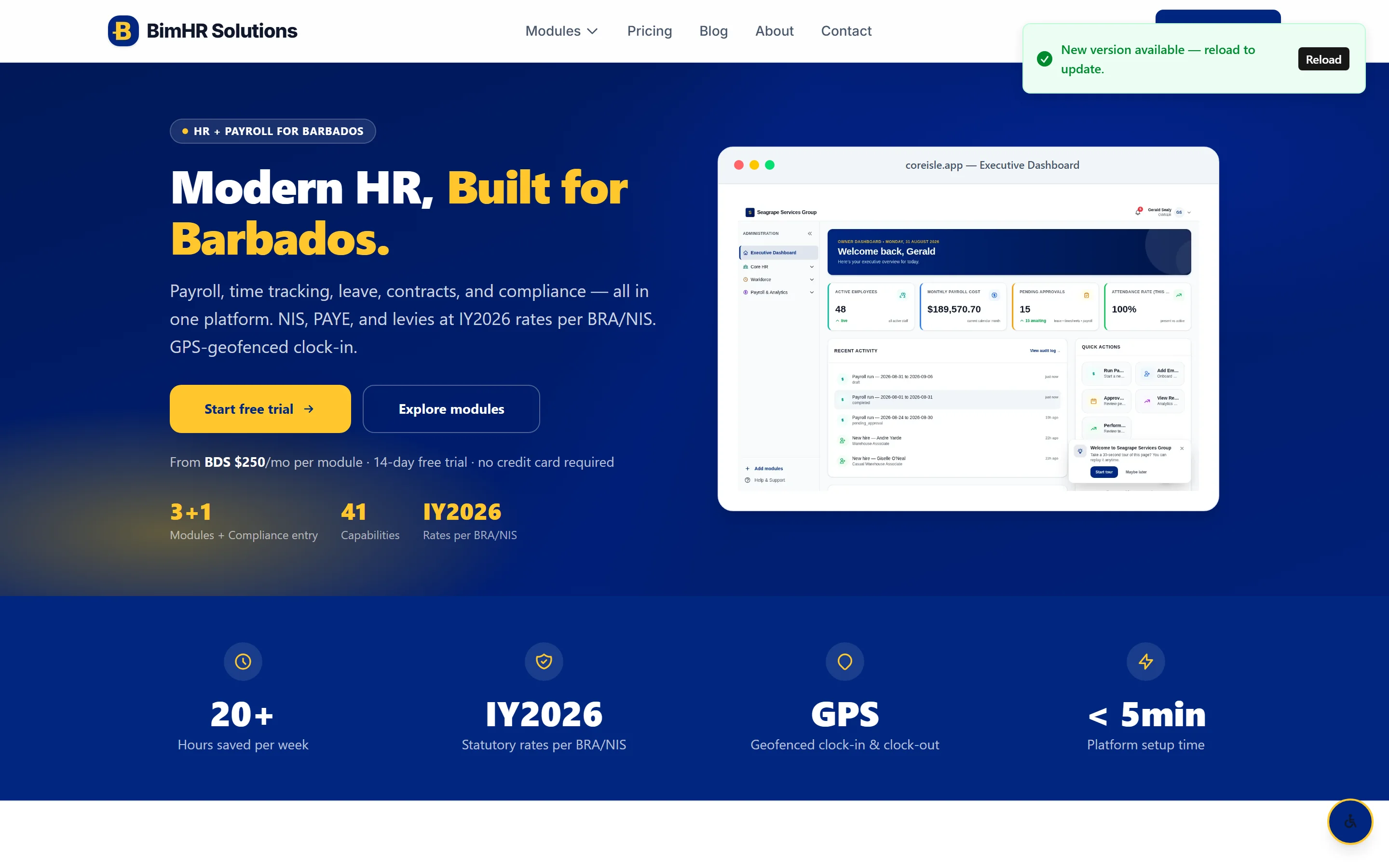 BimHR marketing landing page with product positioning for Barbadian payroll
