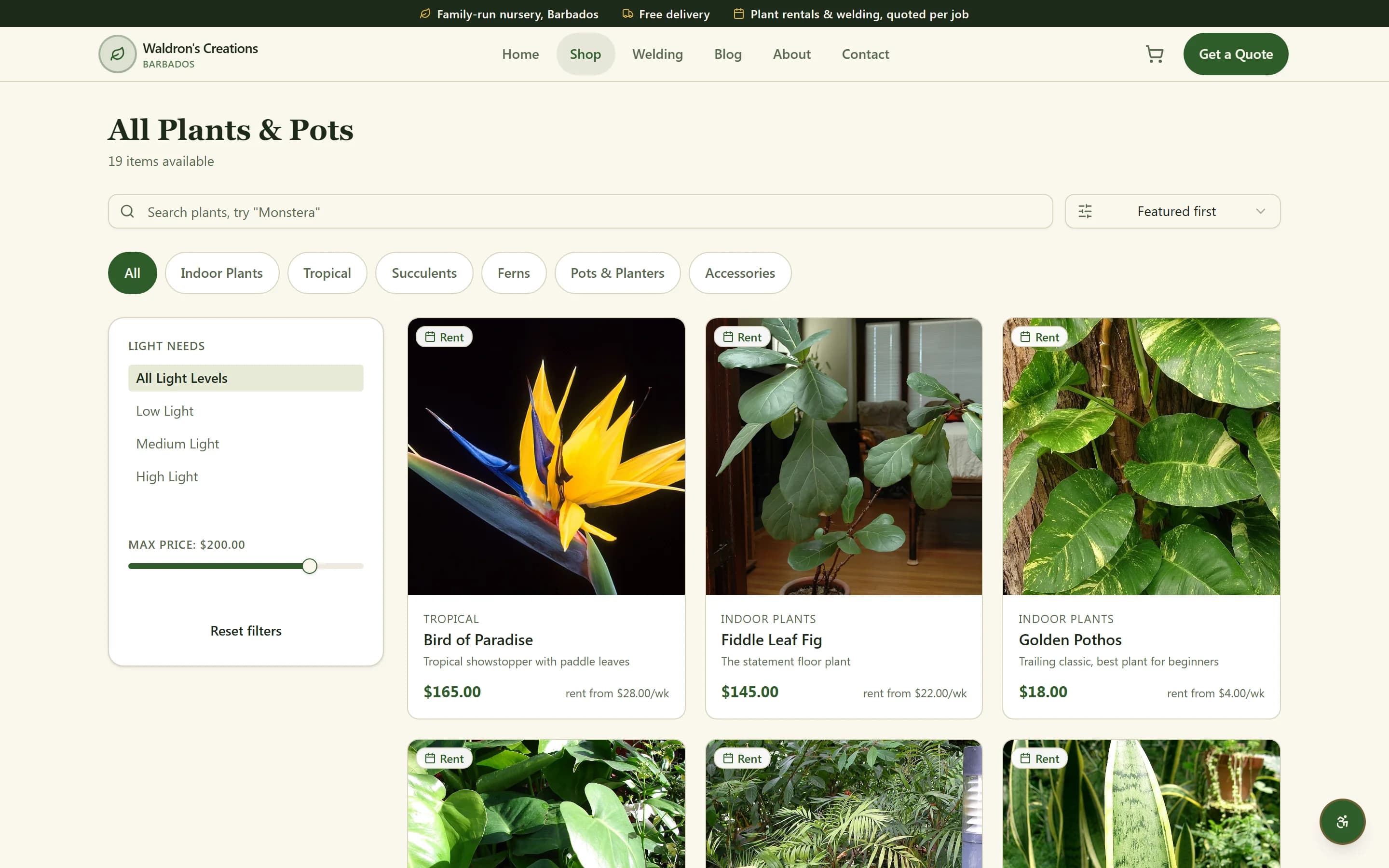 Nursery shop grid showing plants like Bird of Paradise and Fiddle Leaf Fig with BBD prices and rental rates