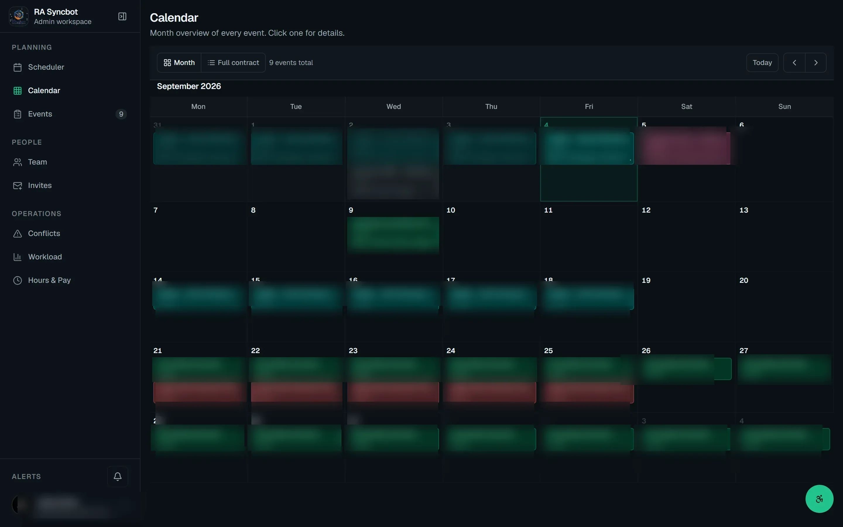 RASyncbot calendar view showing the weekly schedule of robotics camps and workshop events
