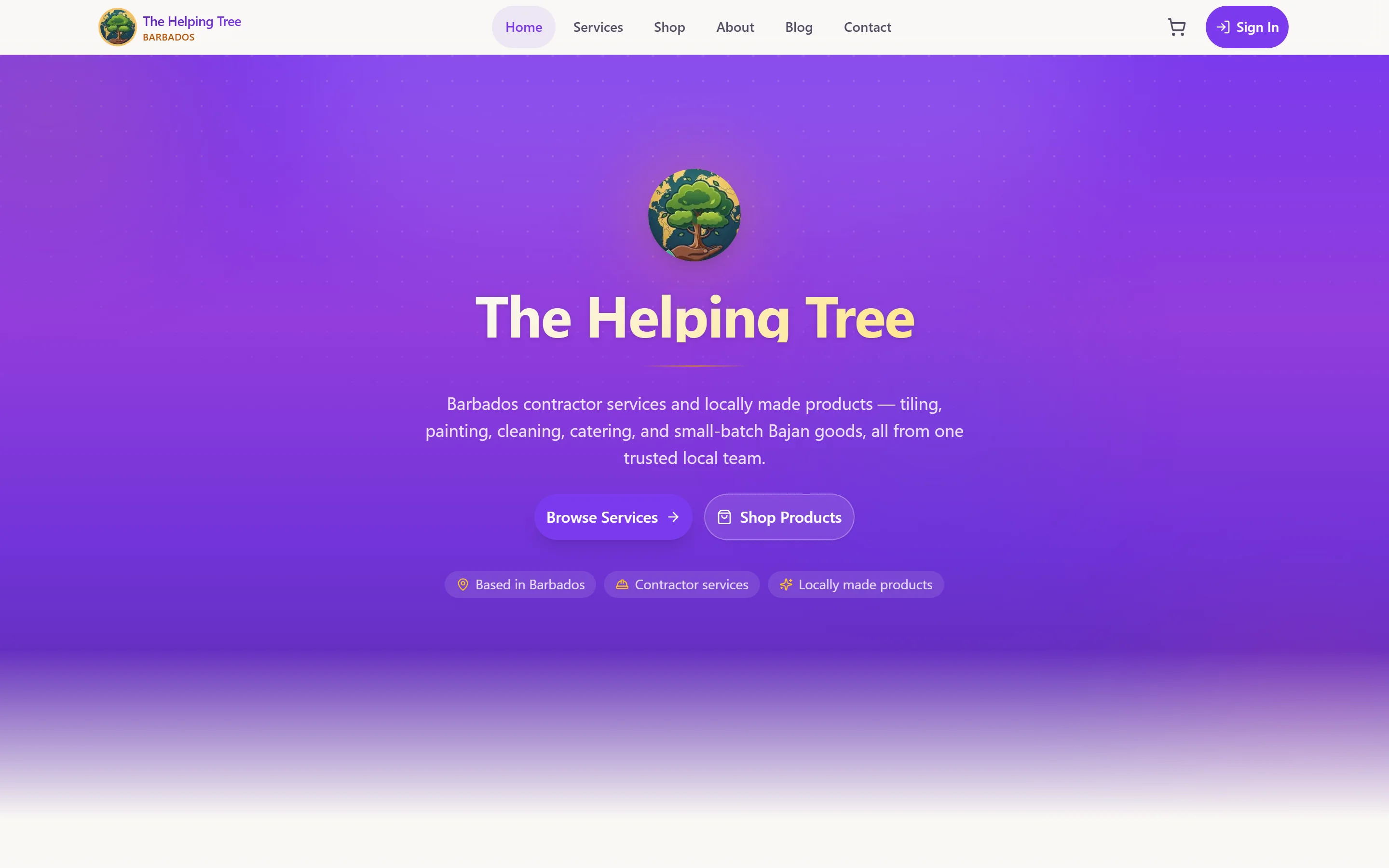 Contractor hub landing page in royal purple: Barbados contractor services and locally made products